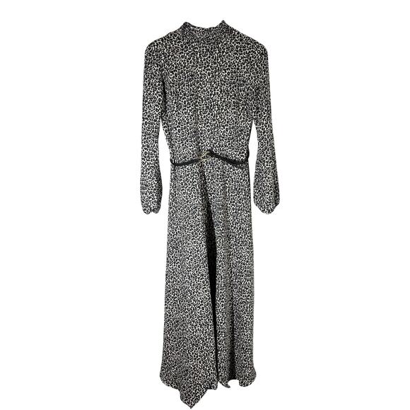 HALSTON Smock-Neck Long-Sleeve Belted Chiffon Dress Leopard Print Size 2 - Picture 2 of 8